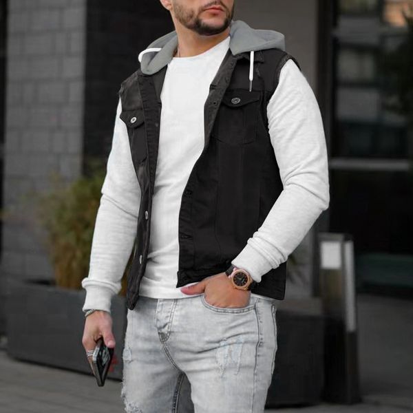 Gilets pour hommes Veste à capuche Gilet Mode quotidienne Streetwear Sans manches Couleur unie Boucle Revers Slim Denim Vestes Hommes Tendance 230925