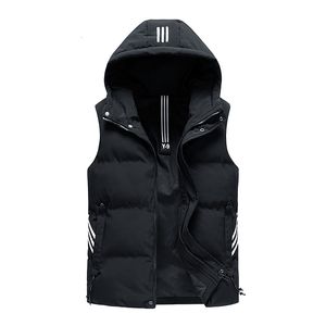 Gilets pour hommes Gilet d'hiver à capuche hommes solide rayé rembourré gilet coupe-vent chaud sans manches veste Homme décontracté gilet épaissir Parkas mâle 230217