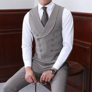 Chalecos de hombre Chaleco de traje de pata de gallo Chaqueta de solapa de doble botonadura Slim Fit Business Chaleco sin mangas Steampunk