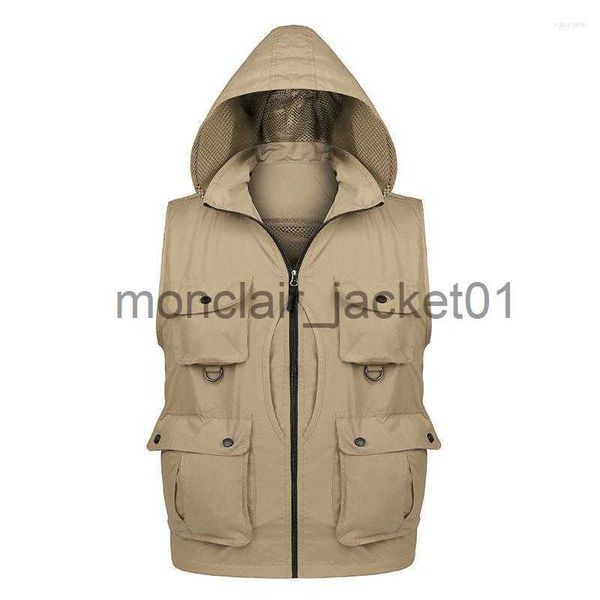 Gilets pour hommes Vestes de chasse Vestes de pêche à capuche à séchage rapide Gilet de pêche à capuche pour hommes Dos amovible Col en V Gilet multi-sacs Alpinisme Drifting Reporter J230915