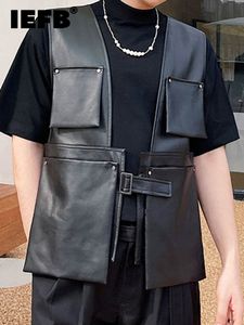 Men S Vesten IEFB Loose Fit Black Pocket Pu Leather Men Waistcoat Casual Vest V Collar Mouwloze Fashion Spring Herfst 2023 1D 045 230225