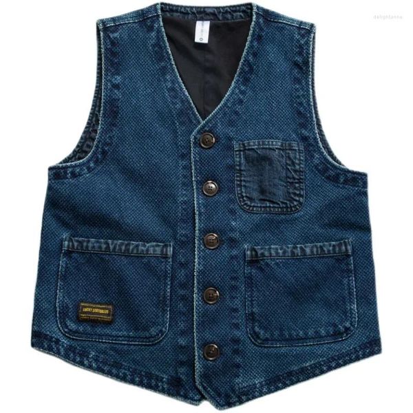 Gilets pour hommes Style japonais Kendo Tissu Indigo Teint Veste multi-poches et gilet bleu à col en V pour femmes