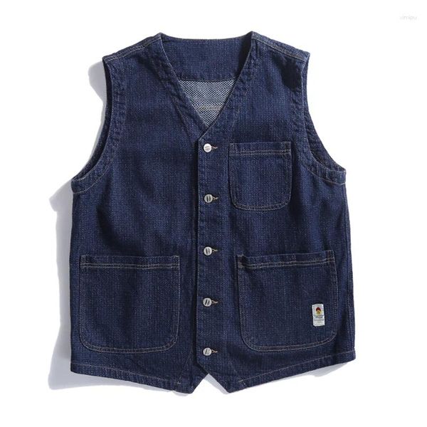 Chalecos para hombres Estilo japonés con cuello en V Sin mangas Hombres Chaleco de mezclilla suave 2024 Primavera Verano Multi-bolsillos Azul profundo Chaleco casual suelto