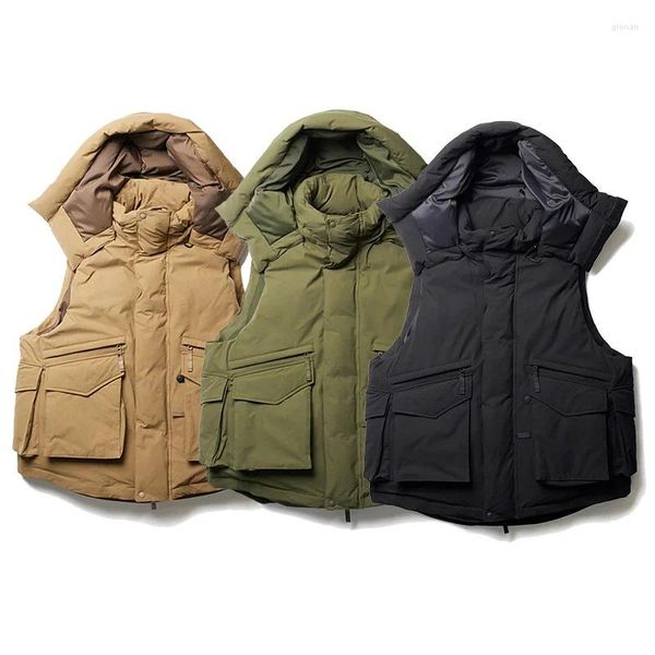 Chalecos para hombre, chaleco japonés holgado informal con múltiples bolsillos, funcional con capucha, cálido, chaqueta para hombre, ropa de calle de moda coreana Harajuku