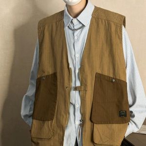 Gilet pour hommes outils rétro japonais Gilet Spring Causal Blogage de couleurs lâches Grande poche Usure extérieure Fonction sans manches Vêtements masculins