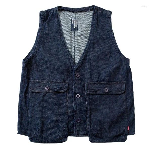 Gilet pour hommes style japonais Large Pocket Ananas Pattern Navy Navy All Cotton and Women's Work's Vest Casual Matching Matching