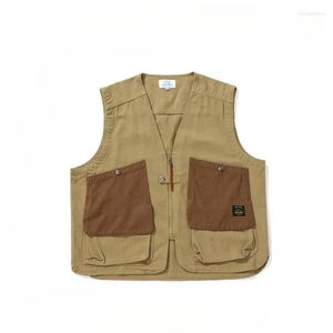 Gilets pour hommes Japonais Col V Couture Poche Outillage Mâle Rétro Causal Lâche High Street Cardigan Sans Manches Vestes Vêtements