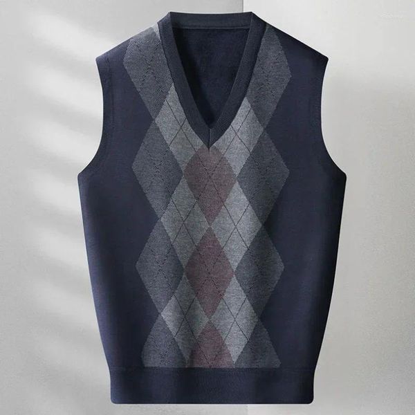 Chalecos para hombres suéter de punto macho argyle argyle sencillo sin mangas chaleco v cuello chaleco a cuadros calentados elegante sobre ajuste ropa de otoño coreana vieja