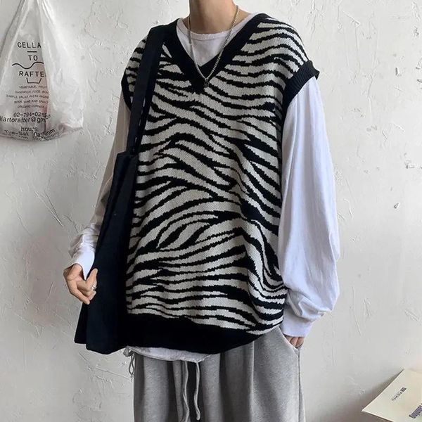 Gilets pour hommes Pull en tricot Gilet masculin Gilet de style coréen Vêtements Zebra Print Noir Gilet sans manches V Col Mode 2024 Tendance d'hiver Vieux X