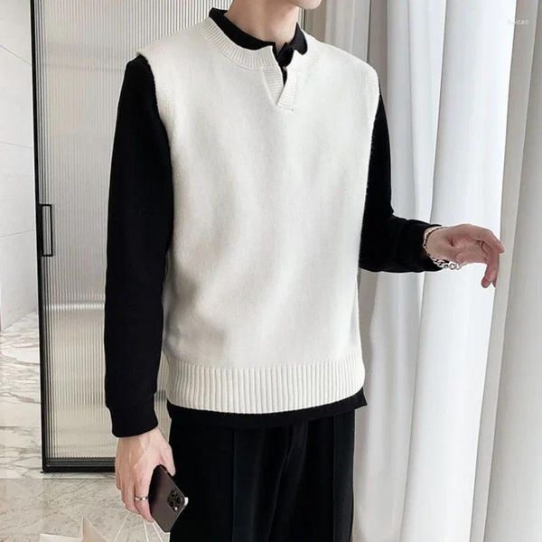 Chalecos para hombres Sweaters tejidos para hombres chaleco de chaleco vásta sin mangas ropa ropa blanca v cuello liso de moda coreana a productos de venta 2024 x