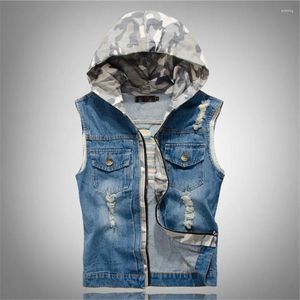 Heren Vesten Koreaanse Denim Vest Lente Herfst Slanke Ripped Camouflage Kapmantel Mannen Mouwloze Zak Rits Jassen Punk Vest