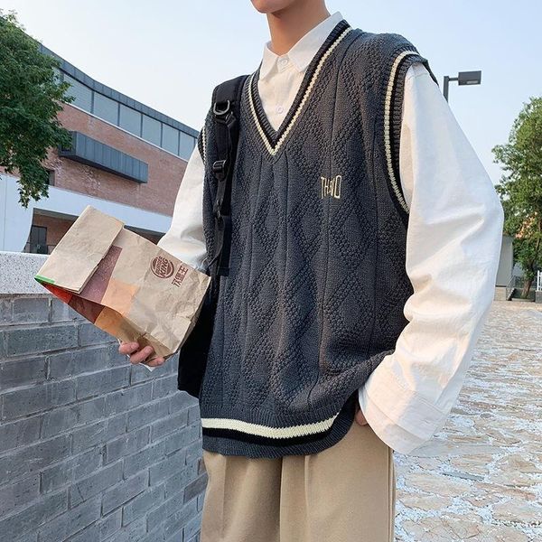 Gilets pour hommes mode coréenne hiver col en v hommes pull gilet sans manches tendance personnalité lâche décontracté collège vintage tricoté
