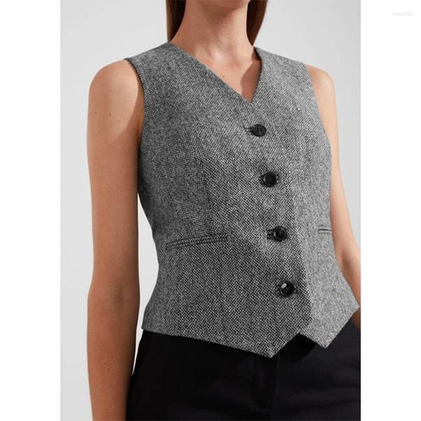 Chalecos para Hombre Chaleco con Cuello En V para Mujer Traje De Un Solo Pecho De Tweed En Espiga Chaleco De Punto Chaqueta Sin Mangas para Mujer Estilo De Fiesta De Bodas