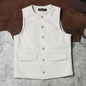 Herenvesten leer Japanse vintage vestheren casual heer echte koehide waistcoat mannen witte echte mouwloze jassen