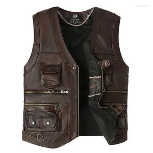 Herenvesten Leer Multi Pocket Vest V-hals Mode Casual Heren Slim Fit Koeienhuid Echt