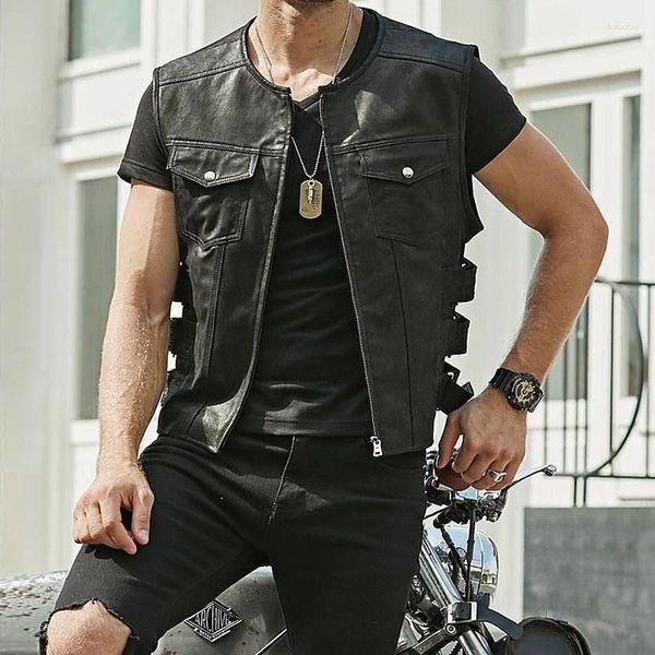 Hommes Gilets En Cuir Gilet Veste Moto Style Fermeture Éclair Mince Sans Manches PU Manteaux Streetwear Hommes Vêtements De Mode Cyclisme Vestes Courtes