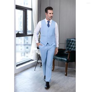 Herenvesten lichtblauwe zakelijke vest broek 2 pc's groomsman voor bruiloft casual pak grove v-neck rapel vest formeel