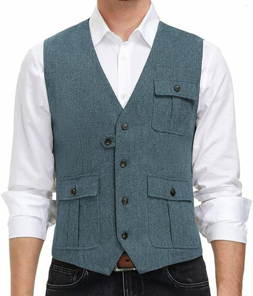 Gilets pour hommes Bleu clair Hommes Gilet Laine Tweed Casual Gilet Formel Business pour mariage Groomsmen Party Banquet Costume