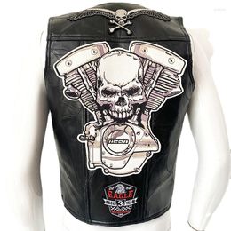 Gilets pour hommes Locomotive Cuir Mode Street Crânes Brodé Sans Col Court Gilet Quatre Saisons Moto Biker Punk Gilet Hommes