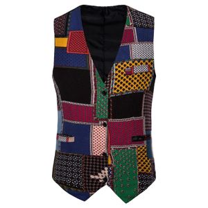 Chalecos para hombres LUCLESAM Hombres Bohemia Parche Costura Chaleco vintage Solo pecho V Cuello Estilo étnico Chaleco chaleco hombre Dashiki chaleco 221124