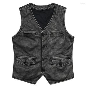 Gilets pour hommes luxe véritable véritable Gery Vintage cuir gilet homme peau de vache naturelle vêtements de travail Safari Style mince manches