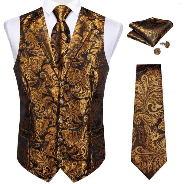 Gilets pour hommes Luxe Gold Paisley Costume de soie Gilet pour hommes Mariage Robe Up Formel Mens Gilet Cravate Mouchoir Boutons de manchette Mode Gilet