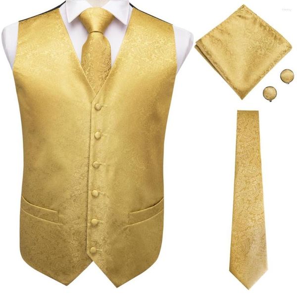 Gilets pour hommes Luxe Gold Silk Mens Gilet Cravate Ensemble Jacquard Paisley Veste sans manches Costume Gilet Cravate Hanky Boutons de manchette Mariage Business