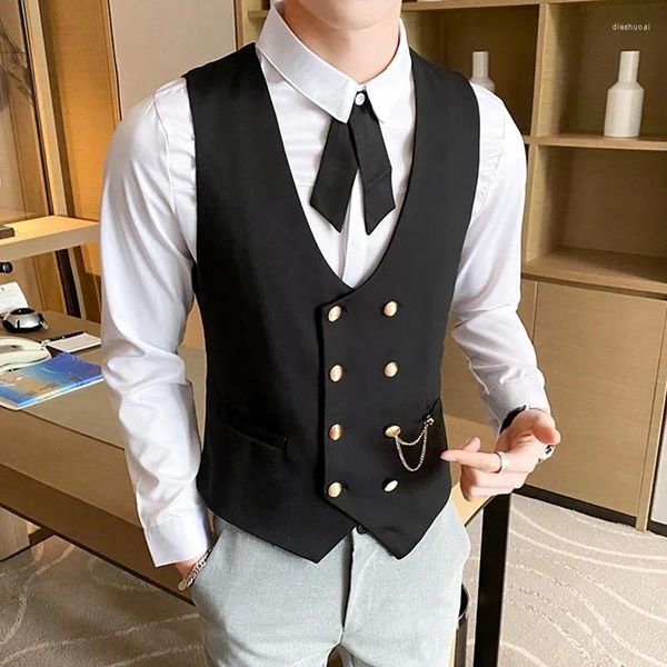 Chalecos para hombres Cadena de oro de lujo Traje para hombre Chaleco de negocios Formal Slim Gold Double Breasted Hombres Chaleco Plus Tamaño Boda Blazer Gilet Homme