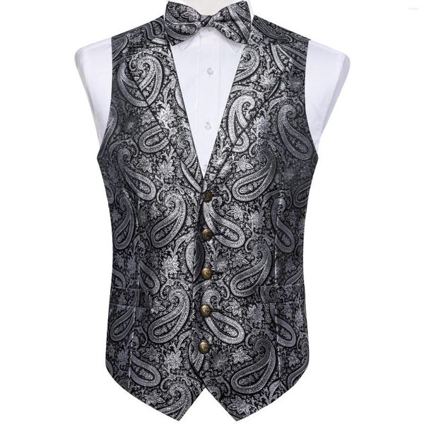 Gilets pour hommes Luxe Gris Paisley Soie Gilet pour hommes Poche Boutons de manchette carrés Ensemble Slim Fit Robe Gilet Mariage Business Club Chemise