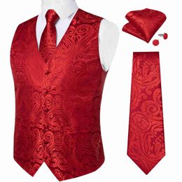 Gilets pour hommes Luxe rouge Paisley solide gilet de soie pour hommes cravate mouchoir bouton de manchette affaires mariage smoking costume gilet hommes vêtements DiBanGuL240104