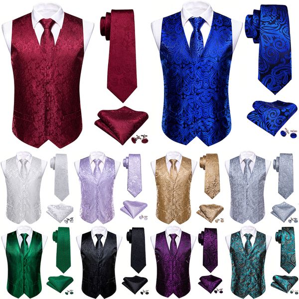 Chalecos de hombre Chaleco de seda de lujo para hombre Rojo Burugndy Azul Verde Plata Púrpura Oro Paisley Chaleco bordado Trajes de boda Chaqueta Barry Wang 230808