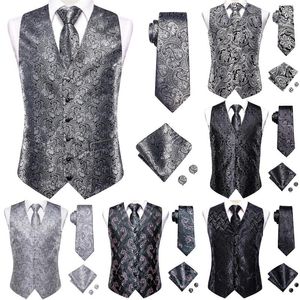 Chalecos para hombres Seda de lujo Chaleco para hombre Conjunto de corbata Blanco Negro Gris Plata Marrón Chaqueta sin mangas Traje Chaleco Corbata Hanky Gemelos de gran tamaño