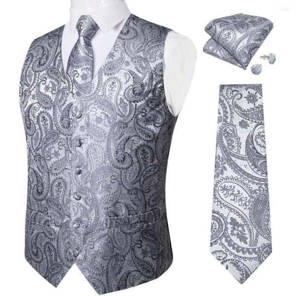 Gilets pour hommes Luxe Argent Gris Paisley Costume Gilet Hommes Tuxedo Blazers Fête De Mariage Gilet Cravate Ensemble Casual Veste Sans Manches