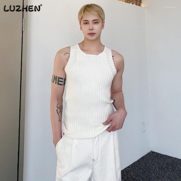 Chalecos para hombres LUZHEN Otoño Personalizado Color Sólido Punto Elástico Sin Mangas Chaleco Hombres Casual Elegante Tank Top Cuello Redondo Sudadera Bd9a9f