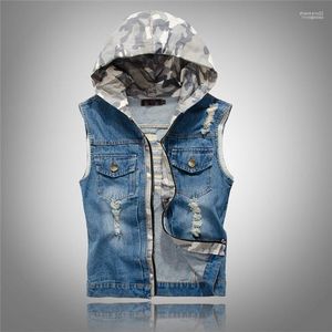 Herenvesten ly mode mannen vest slank retro blauw gescheurde denim capuchon mouwloze chaqueta streetwear hiphop veste hombre1 stra22