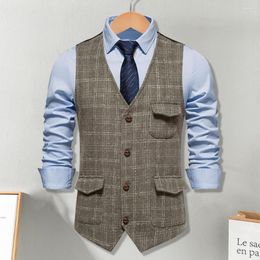 Hommes Gilets Homme D'affaires Gilet Élégant Plaid Imprimer Slim Fit Gilet Manteau Avec Poches Pour Rétro Charme