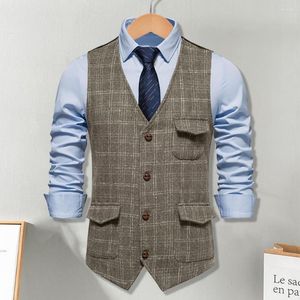 Herenvesten mannelijke zakelijke vest stijlvolle geruite print slanke fit vest jas met zakken voor retro charme