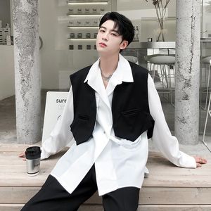 Men's Vests Male Korean Waistcoat Sleeveless Jacket Ribbon Small Vest Streetwear Vintage Fashion Black Short Suit Coat Man