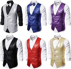 Heren Vesten Heren Pailletten Blazer Knoop Gilet met Vlinderdas Mode Zakelijke avond Bruiloft Glitter Mouwloos Slank 230919