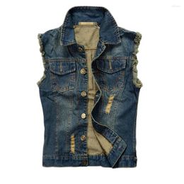 Gilets pour hommes poches de printemps pour hommes simple boutonnage col rabattu trous gilet en jean droit homme distrresses Cardigan vêtements d'extérieur