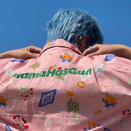 Gilets pour hommes Mamahasgun deuxième anniversaire Sicile Vintage mince rose graffiti imprimé coton chemise à manches courtes en vrac