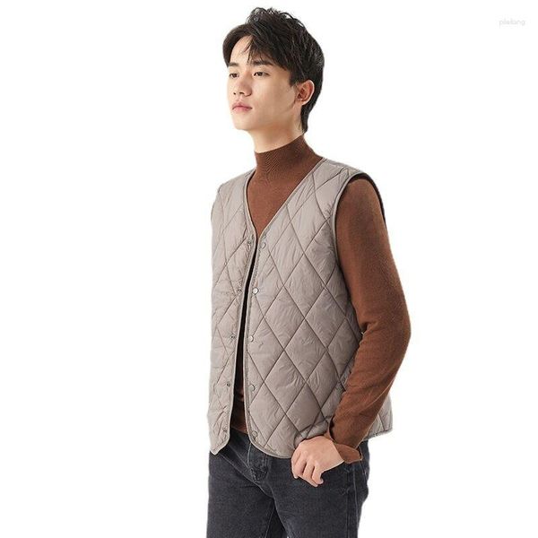 Chalecos para hombre, chaqueta acolchada sin mangas con cuello en V para hombre, chaleco con forro cálido ultraligero para otoño e invierno de alta calidad para hombre