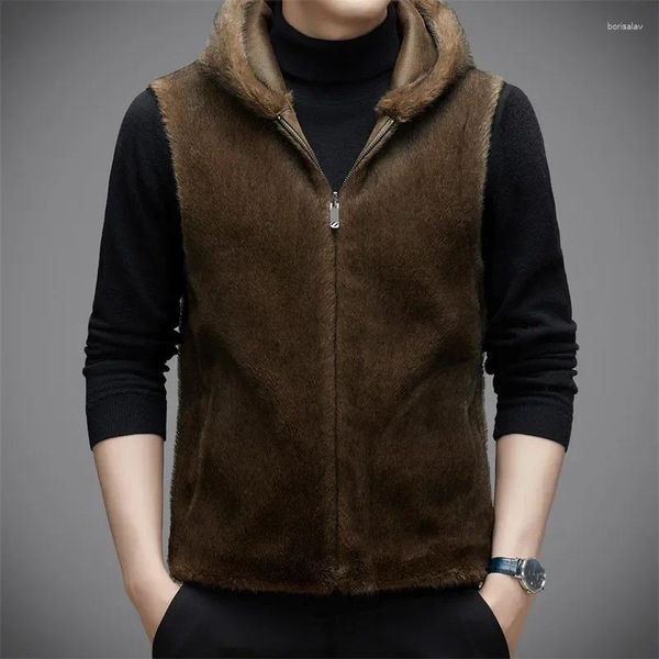 Gilets pour hommes hommes 2023 automne hiver fourrure intégrée gilet chaud mâle réel manteaux sans manches couleur unie vestes à capuche