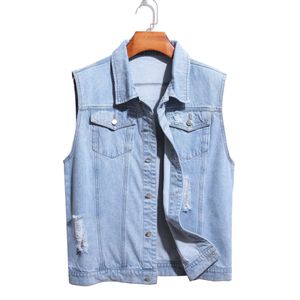 Heren Vesten Heren Denim Vest Eenvoudige Mode Gewassen Slijpen Wit Gat Slanke Jeugd Motorfiets Buitenlandse Handel Groothandel