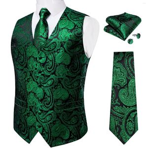 Chalecos para hombre Chaleco de traje verde para hombre Chaleco de seda de lujo Corbata para el cuello Gemelos cuadrados de bolsillo Conjunto Fiesta de boda para hombres DiBanGu