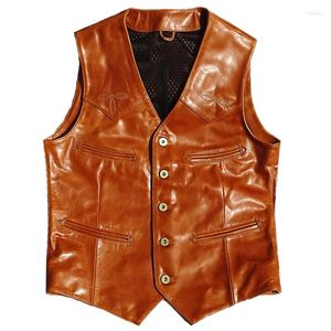 Herenvesten heren echt lederen vest echte koehide mouwloze jassen vintage safari -vest