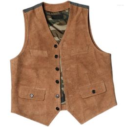 Gilets pour hommes Vintage marron en cuir véritable gilet Western daim peau de vache gilet tissu sans manches vestes de haute qualité