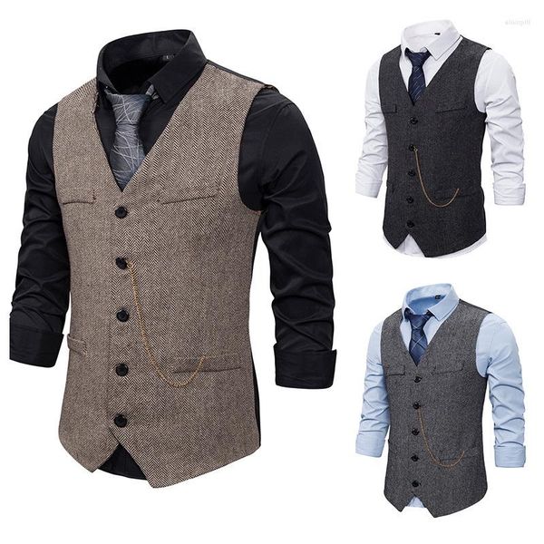 Hommes gilets hommes laine Tweed Slim Fit loisirs coton gilet Gentleman chevrons affaires marron gilet pour mariage marié