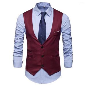 Gilets pour hommes Gilet d'affaires pour hommes Coupe basse Col en V Simple boutonnage Solide Slim Fit Poches plaquées Boutons Gilet de marié formel Veste de costume élégante