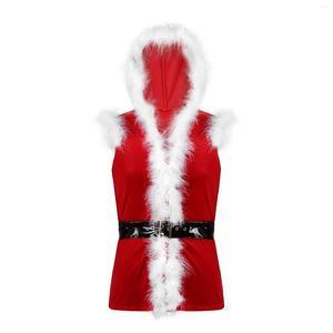 Chalecos para hombres Hombres Chaleco de Navidad Terciopelo Santa Claus Cosplay Chaqueta sin mangas Abrigo con capucha Slim Fit Chaleco de ajuste de piel sintética con cinturón